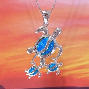 New Silver Opal XL Mom 2 Baby Sea Turtle Necklace